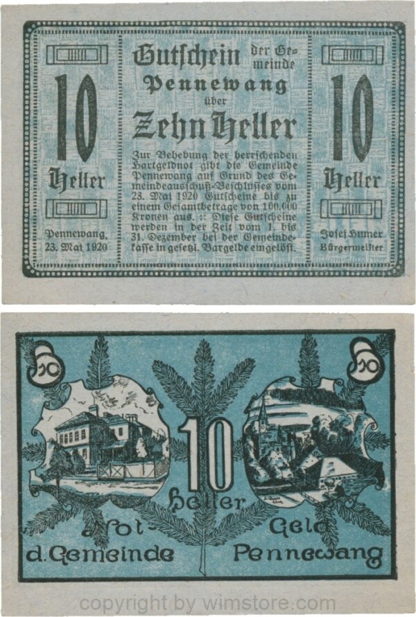 Pennewang, G0727a, Gemeinde, 10 Heller, Papier blau; 1-