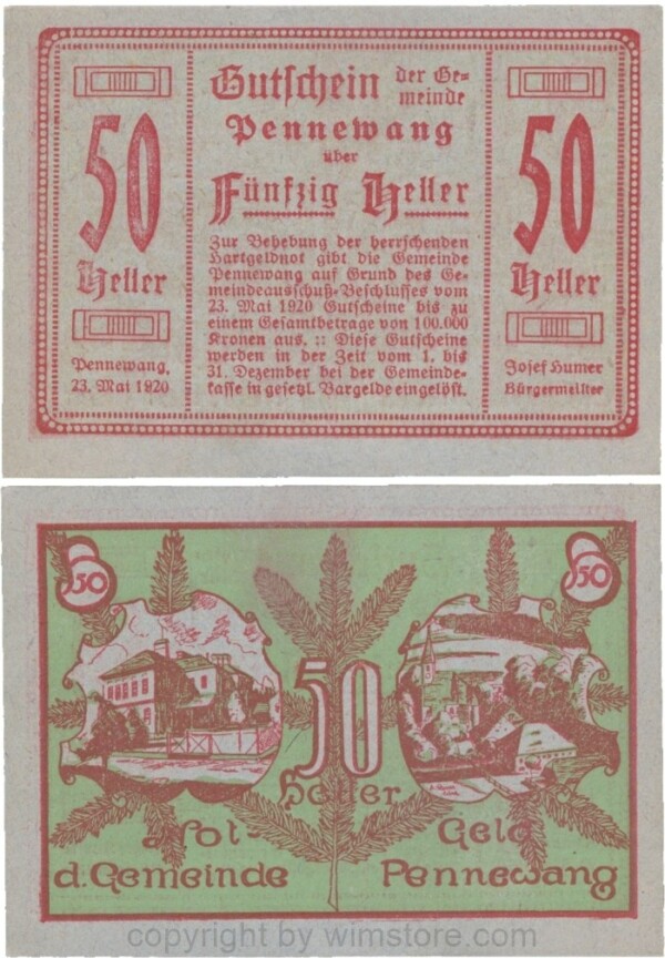 Pennewang, G0727a, Gemeinde, 50 Heller, Papier blau; 1