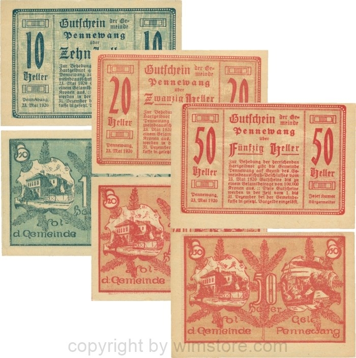 Pennewang, G0727b, Gemeinde, Serie 10, 20 und 50 Heller, Papier gelb; 1