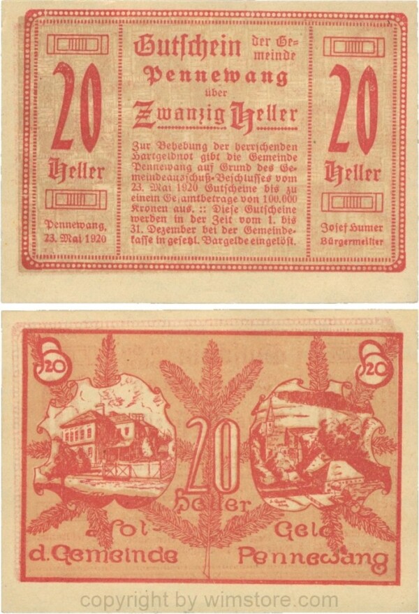 Pennewang, G0727b, Gemeinde, 20 Heller, Papier gelb; 1-