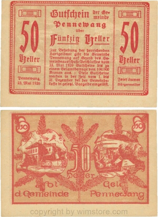Pennewang, G0727b, Gemeinde, 50 Heller, Papier gelb; 1