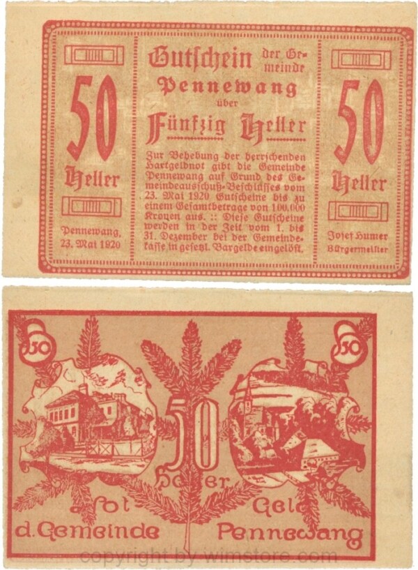 Pennewang, G0727b, Gemeinde, 50 Heller, Papier gelb; 1-