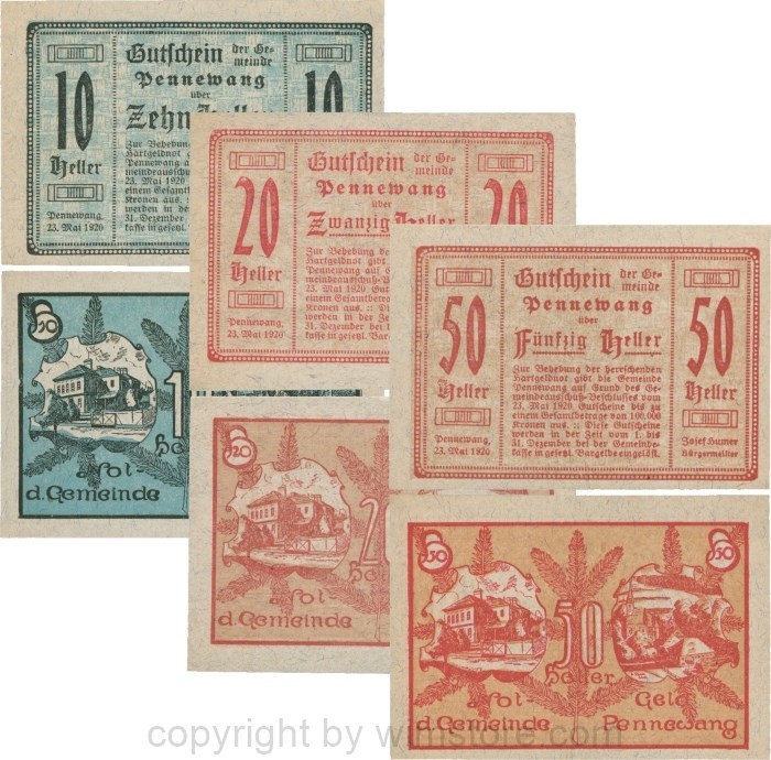 Pennewang, G0727c, Gemeinde, Serie 10, 20 und 50 Heller, Papier grau gefasert; 1