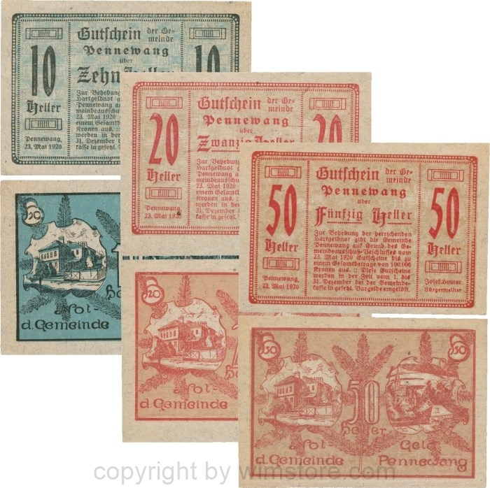 Pennewang, G0727c, Gemeinde, Serie 10, 20 und 50 Heller, Papier grau gefasert; 1-