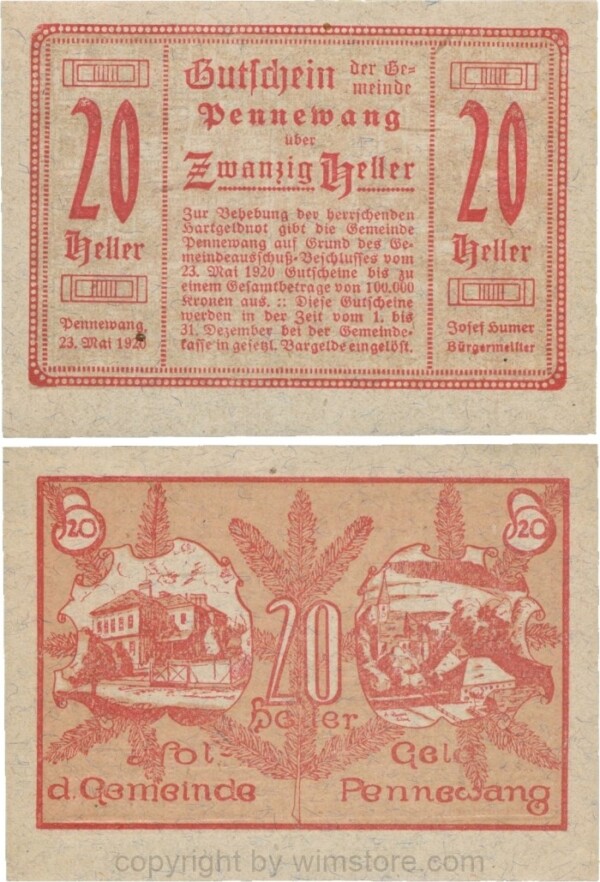 Pennewang, G0727c, Gemeinde, 20 Heller, Papier grau gefasert; 1-