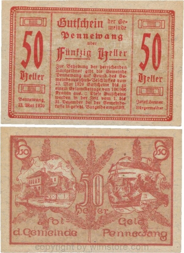 Pennewang, G0727c, Gemeinde, 50 Heller, Papier grau gefasert; 1-