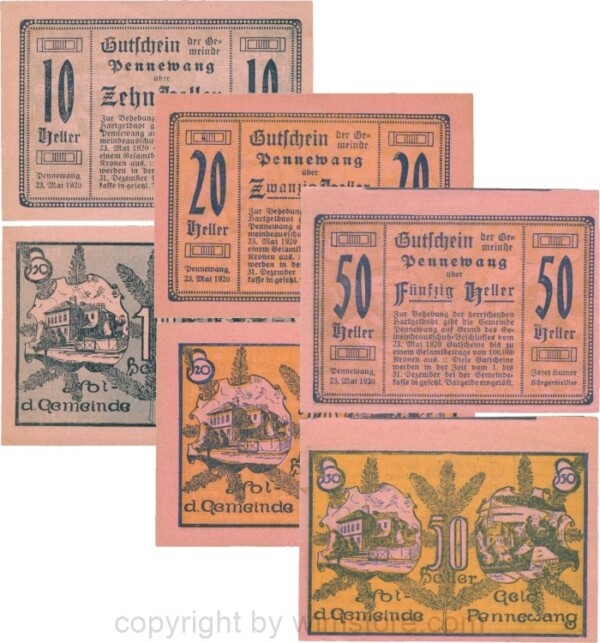 Pennewang, G0727d, Gemeinde, Serie 10, 20 und 50 Heller, Papier rosa; 1