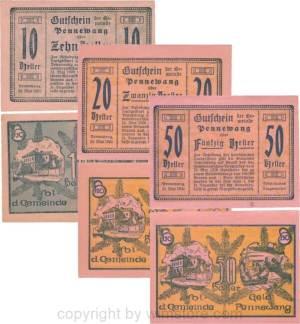 Pennewang, G0727d, Gemeinde, Serie 10, 20 und 50 Heller, Papier rosa; 1-
