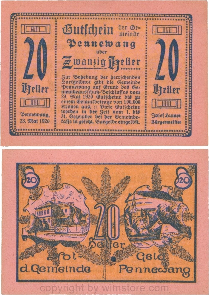 Pennewang, G0727d, Gemeinde, 20 Heller, Papier rosa; 1