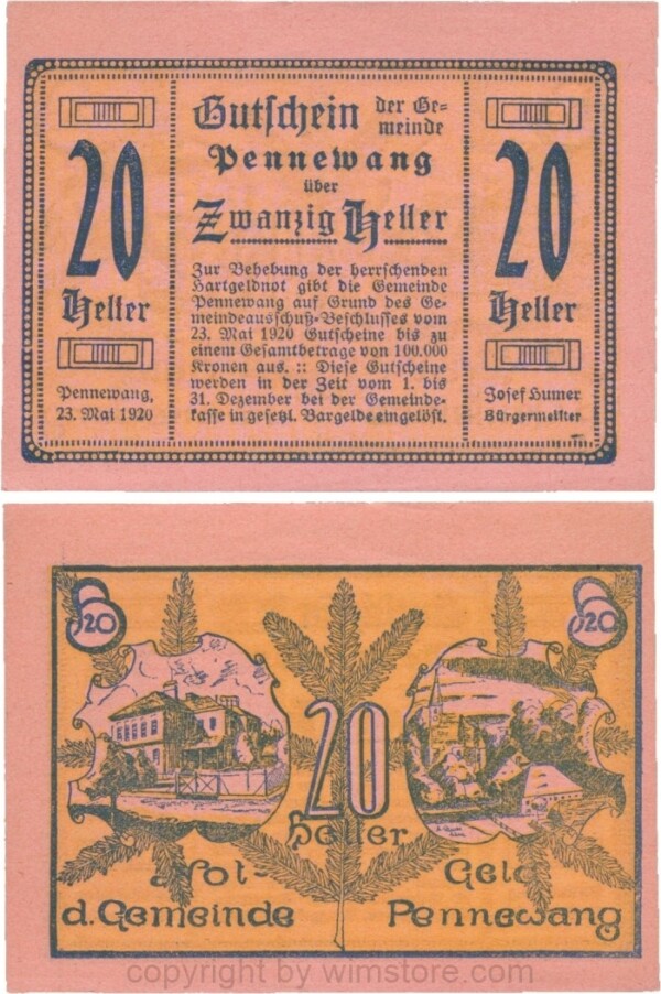 Pennewang, G0727d, Gemeinde, 20 Heller, Papier rosa; 1-