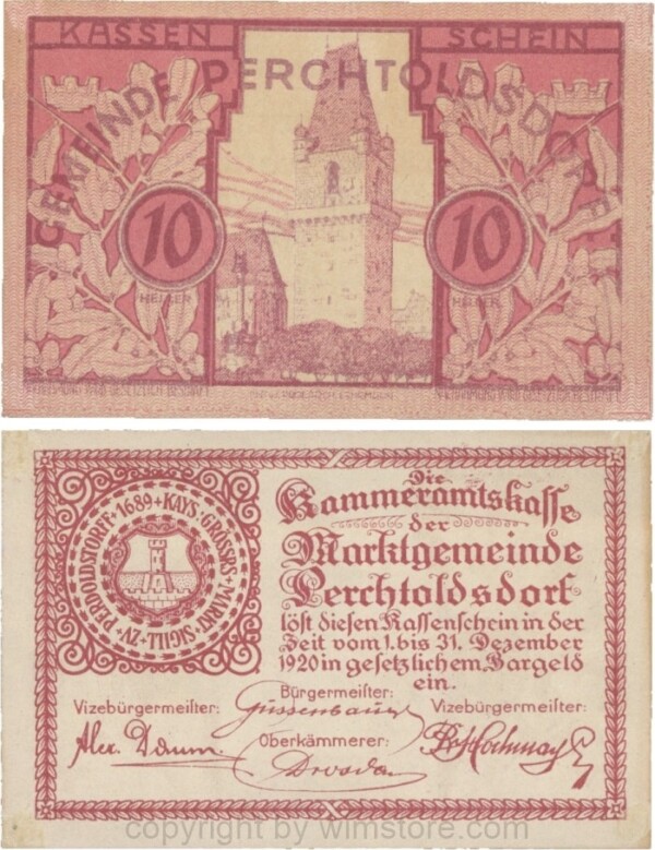 Perchtoldsdorf, G0728, Gemeinde, 10 Heller, Farbabweichung - rosa statt braunrot; 1-