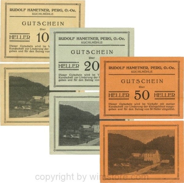 Perg, P0731a, Rudolf Hametner - Kuchlmühle, Serie 10, 20 und 50 Heller; 1-