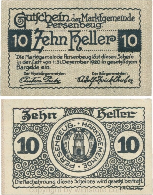 sn110236 Persenbeug, G0735I, Marktgemeinde, 10 Heller; 1-
