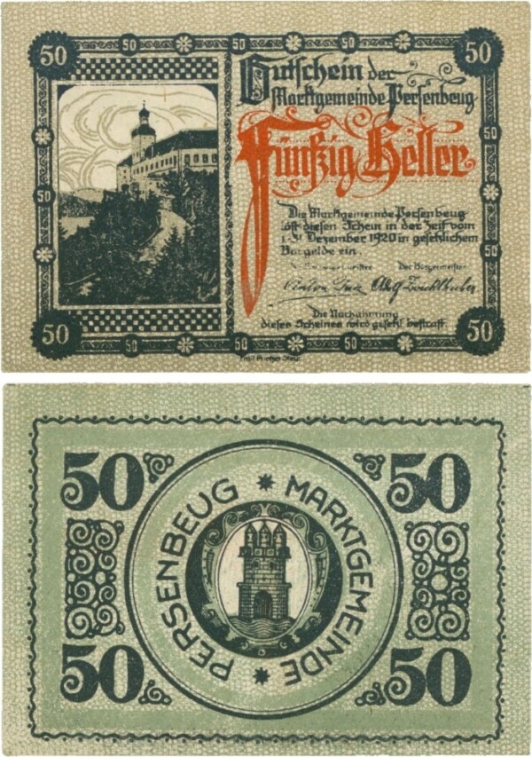sn110240 Persenbeug, G0735I, Marktgemeinde, 50 Heller; 1-