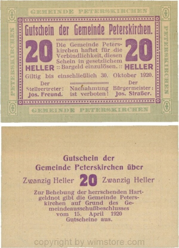 Peterskirchen, G0736a02, Gemeinde, 20 Heller, Papier gelblich, nach Stellvertreter der Doppelpunkt weit, nach Bürgereister der Doppelpunkt eng, Schein 02; 1