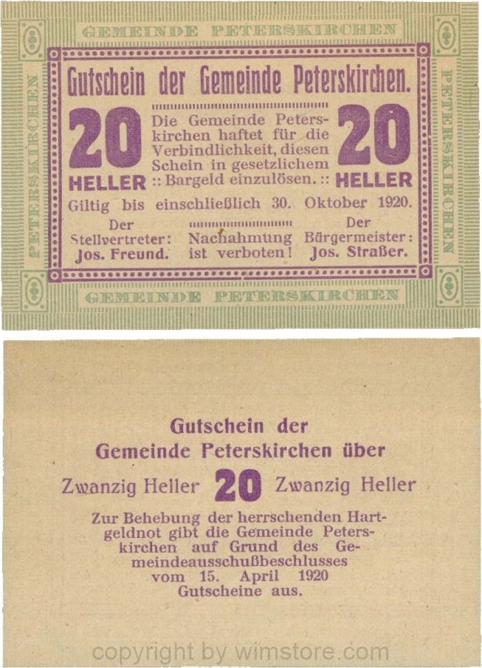 Peterskirchen, G0736a02, Gemeinde, 20 Heller, Papier gelblich, nach Stellvertreter der Doppelpunkt weit, nach Bürgereister der Doppelpunkt eng, Schein 02; 1