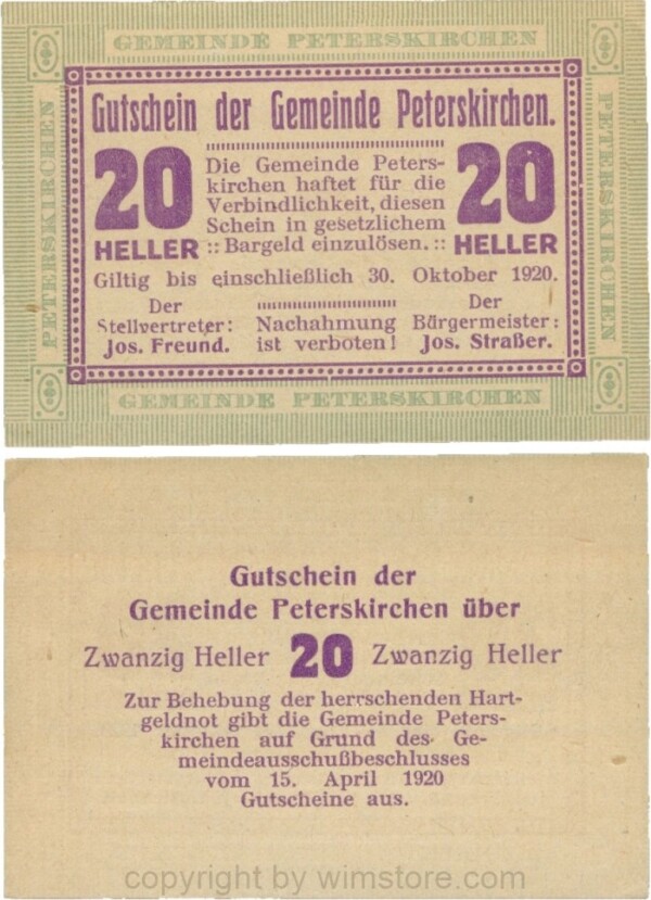 sn110250 Peterskirchen, G0736a02, Gemeinde, 20 Heller, Papier gelblich, nach Stellvertreter der Doppelpunkt weit, nach Bürgermeister der Doppelpunkt eng, Schein 02;1-
