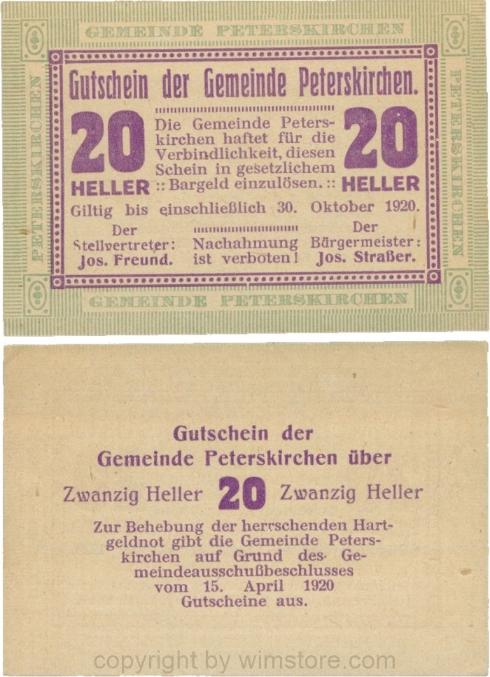 Peterskirchen, G0736a02, Gemeinde, 20 Heller, Papier gelblich, nach Stellvertreter der Doppelpunkt weit, nach Bürgermeister der Doppelpunkt eng, Schein 02;1-