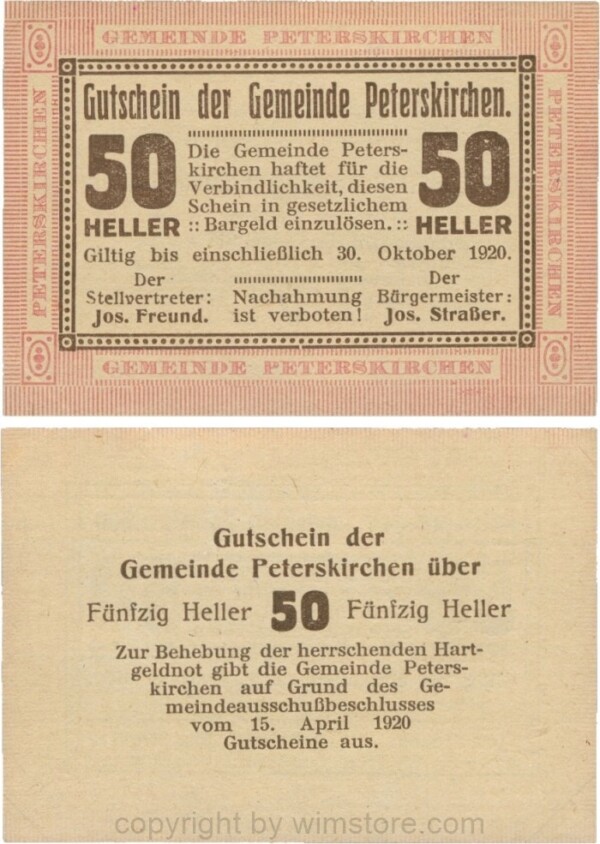 Peterskirchen, G0736a03, Gemeinde, 20 Heller, Papier gelblich, nach Stellvertreter der Doppelpunkt weit, nach Bürgermeister der Doppelpunkt eng, Schein 03; 1-