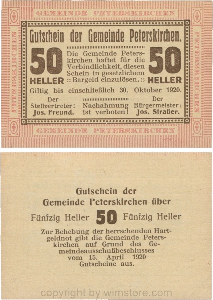 Peterskirchen, G0736a03, Gemeinde, 20 Heller, Papier gelblich, nach Stellvertreter der Doppelpunkt weit, nach Bürgermeister der Doppelpunkt eng, Schein 03; 1-