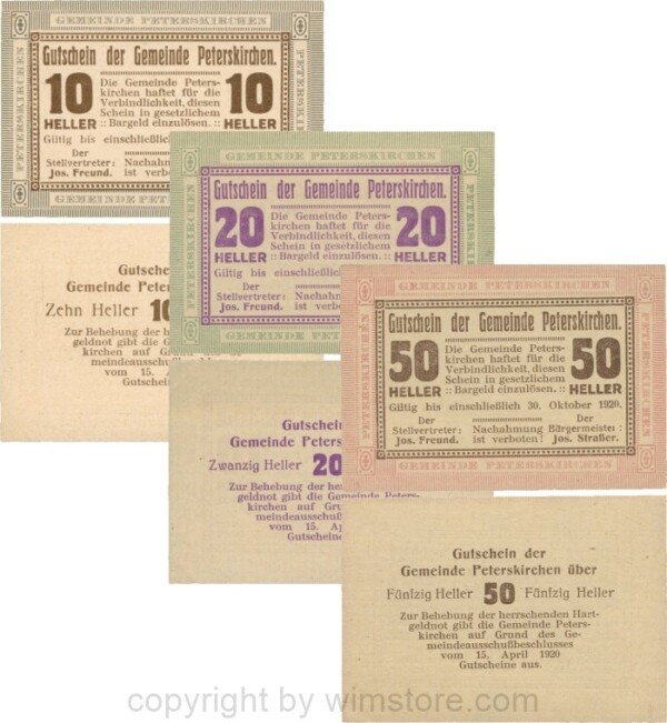 Peterskirchen, G0736a07-09, Gemeinde, Serie 10, 20 und 50 Heller, Papier gelblich, nach Stellvertreter der Doppelpunkt eng, nach Bürgermeister der Doppelpunkt weit, Scheine 07-09; 1-