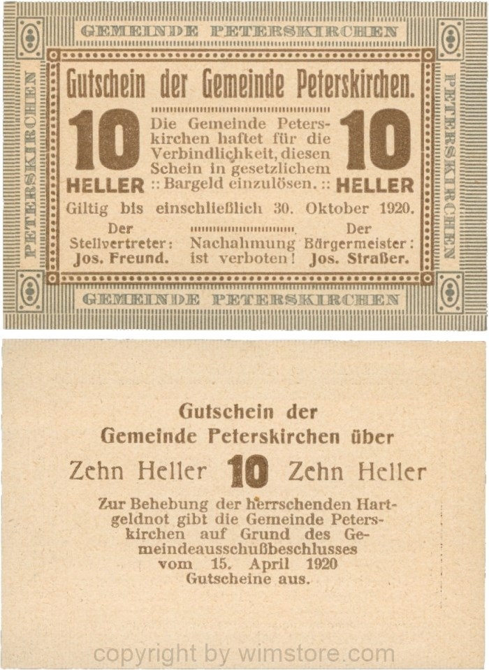 Peterskirchen, G0736a07, Gemeinde, 10 Heller, Papier gelblich, nach Stellvertreter der Doppelpunkt eng, nach Bürgermeister der Doppelpunkt weit, Scheine 07; 1