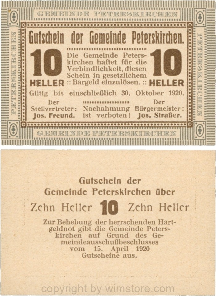 Peterskirchen, G0736a07, Gemeinde, 10 Heller, Papier gelblich, nach Stellvertreter der Doppelpunkt eng, nach Bürgermeister der Doppelpunkt weit, Scheine 07; 1-