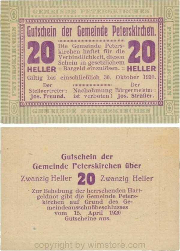 sn110257 Peterskirchen, G0736a08, Gemeinde, 20 Heller, Papier gelblich, nach Stellvertreter der Doppelpunkt eng, nach Bürgermeister der Doppelpunkt weit, Scheine 08; 1