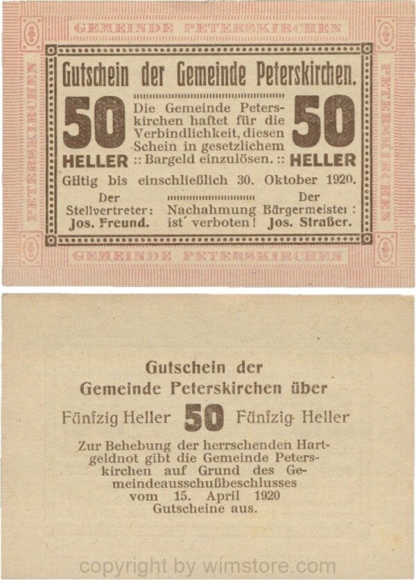 Peterskirchen, G0736a09, Gemeinde, 50 Heller, Papier gelblich, nach Stellvertreter der Doppelpunkt eng, nach Bürgermeister der Doppelpunkt weit, Scheine 09; 1