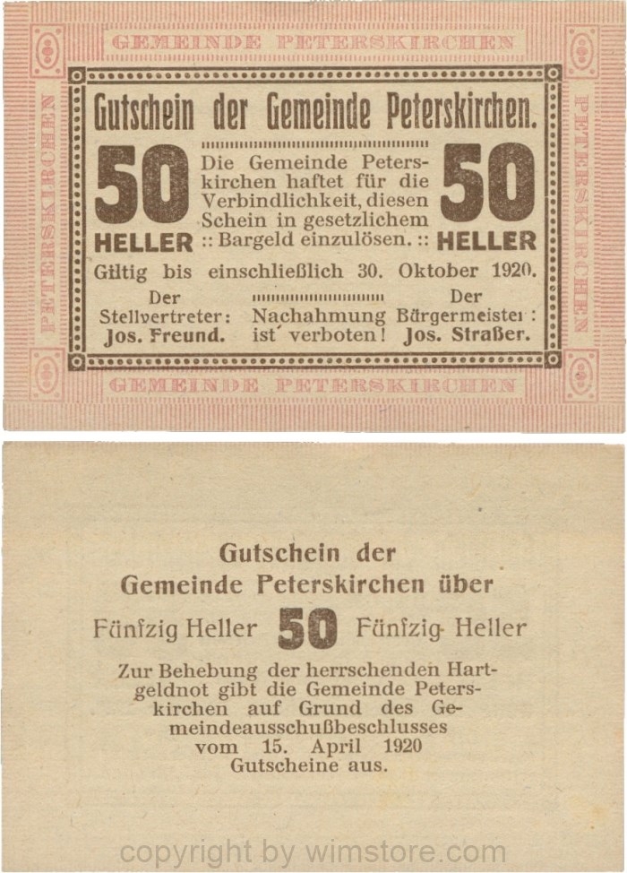 Peterskirchen, G0736a09, Gemeinde, 50 Heller, Papier gelblich, nach Stellvertreter der Doppelpunkt eng, nach Bürgermeister der Doppelpunkt weit, Scheine 09; 1