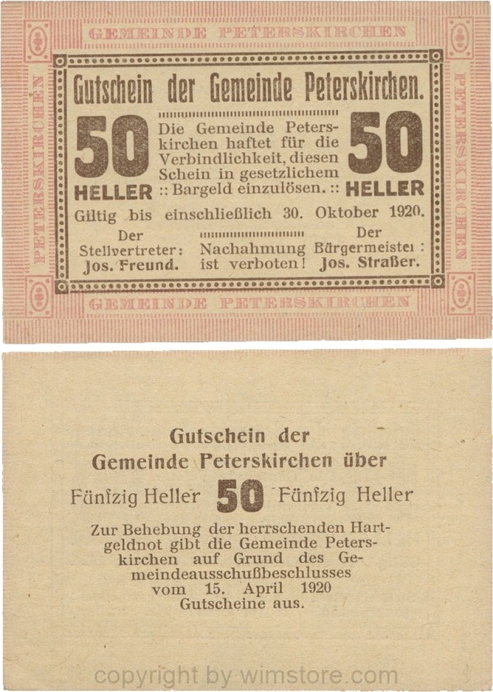 Peterskirchen, G0736a09, Gemeinde, 50 Heller, Papier gelblich, nach Stellvertreter der Doppelpunkt eng, nach Bürgermeister der Doppelpunkt weit, Scheine 09; 1-