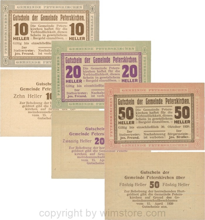 Peterskirchen, G0736a13-15, Gemeinde, Serie 10, 20 und 50 Heller, Papier gelblich, nach Stellvertreter und Bürgermeister die Doppelpunkte eng, Scheine 13-15; 1