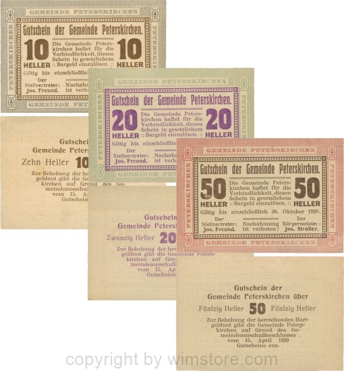 Peterskirchen, G0736a13-15, Gemeinde, Serie 10, 20 und 50 Heller, Papier gelblich, nach Stellvertreter und Bürgermeister die Doppelpunkte eng, Scheine 13-15; 1-