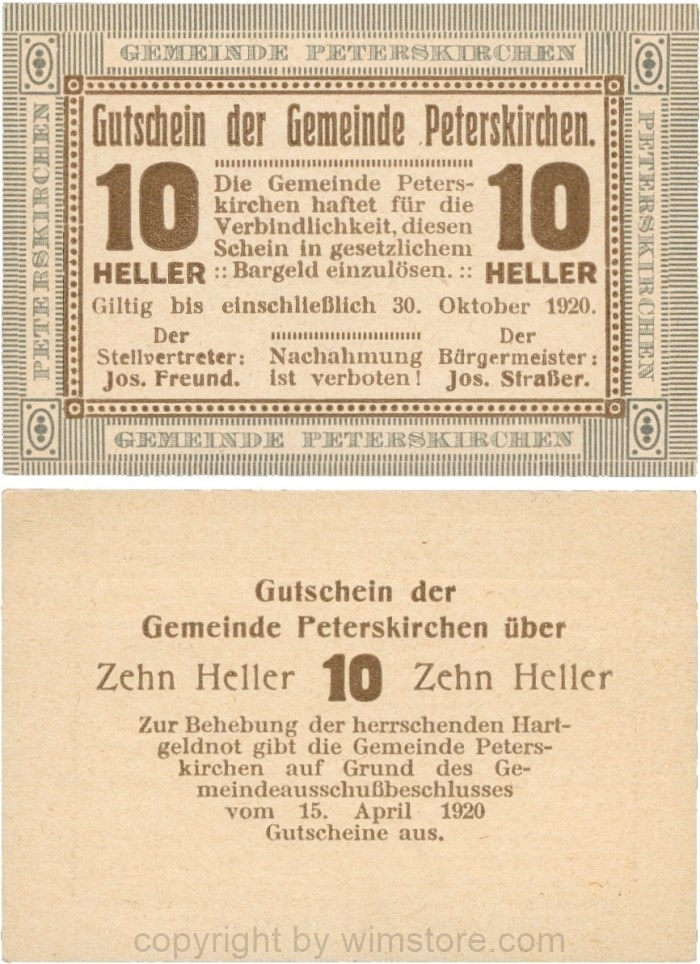 Peterskirchen, G0736a13, Gemeinde, 10 Heller, Papier gelblich, nach Stellvertreter und Bürgermeister die Doppelpunkte eng, Scheine 13; 1