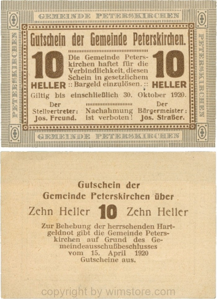 Peterskirchen, G0736a13, Gemeinde, 10 Heller, Papier gelblich, nach Stellvertreter und Bürgermeister die Doppelpunkte eng, Scheine 13; 1-