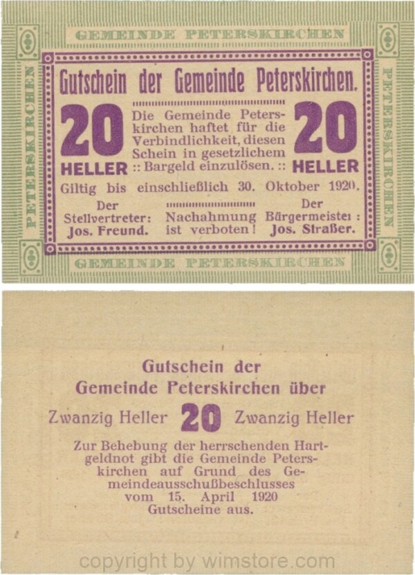 Peterskirchen, G0736a14, Gemeinde, 20 Heller, Papier gelblich, nach Stellvertreter und Bürgermeister die Doppelpunkte eng, Scheine 14; 1