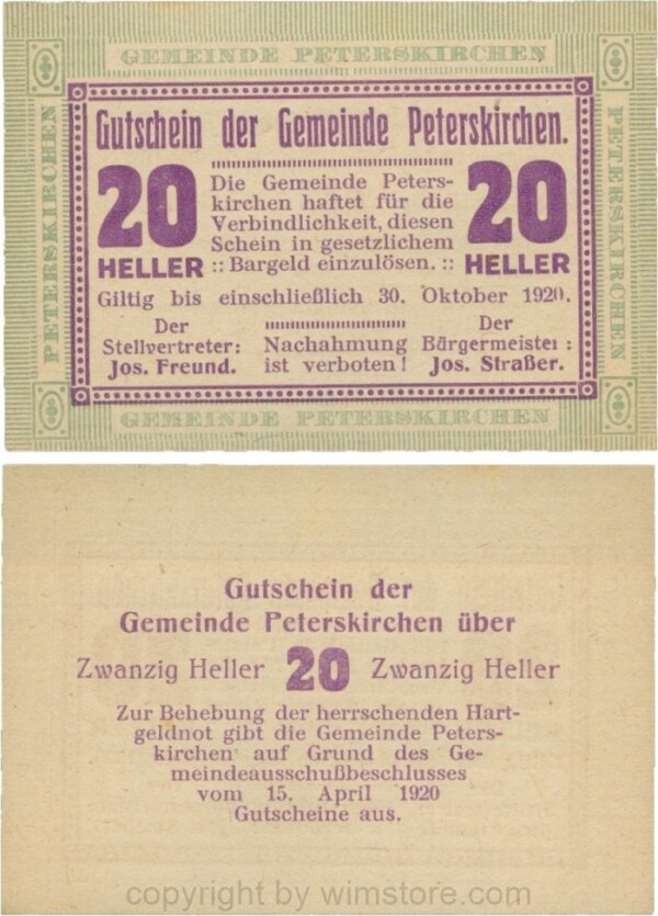 Peterskirchen, G0736a14, Gemeinde, 20 Heller, Papier gelblich, nach Stellvertreter und Bürgermeister die Doppelpunkte eng, Scheine 14; 1-