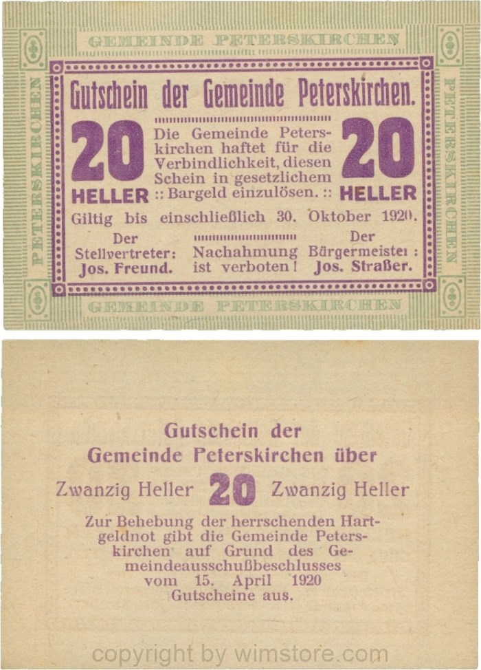 Peterskirchen, G0736a14, Gemeinde, 20 Heller, Papier gelblich, nach Stellvertreter und Bürgermeister die Doppelpunkte eng, Scheine 14; 1-