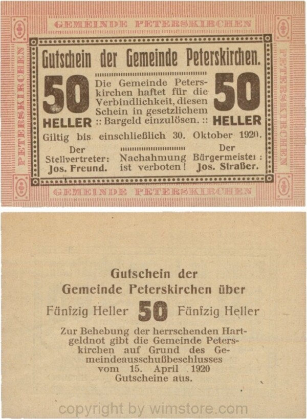 Peterskirchen, G0736a15, Gemeinde, 50 Heller, Papier gelblich, nach Stellvertreter und Bürgermeister die Doppelpunkte eng, Scheine 15; 1