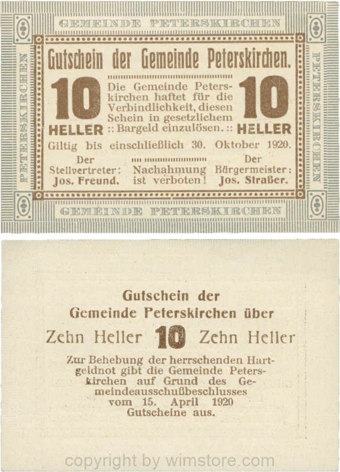 Peterskirchen, G0736b04, Gemeinde, 10 Heller, Papier weiß, nach Stellvertreter der Doppelpunkt weit, nach Bürgereister der Doppelpunkt eng, Scheine 04; 1