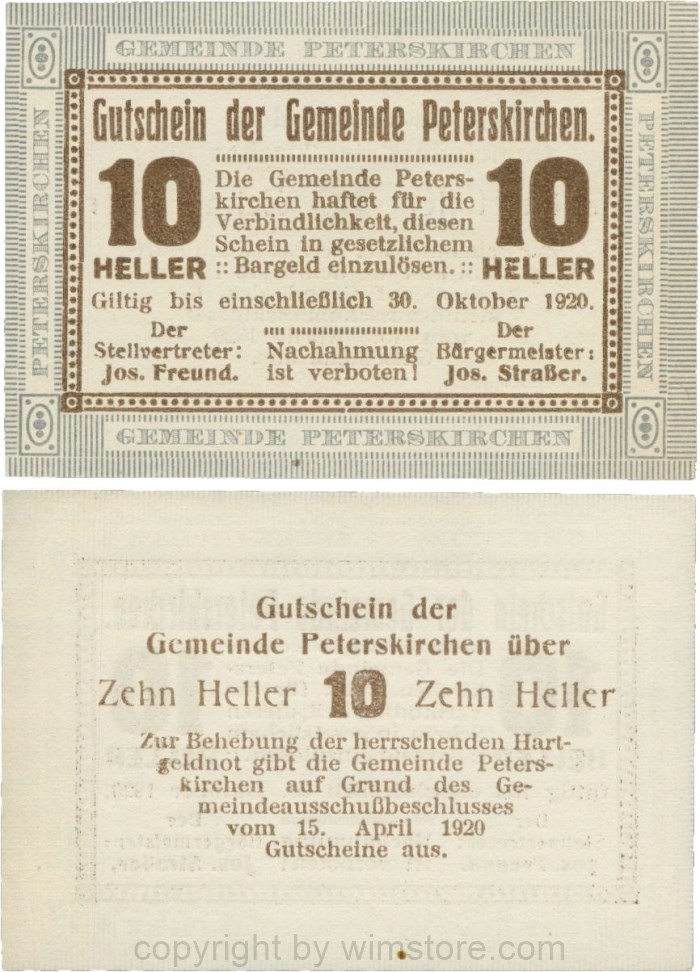 Peterskirchen, G0736b04, Gemeinde, 10 Heller, Papier weiß, nach Stellvertreter der Doppelpunkt weit, nach Bürgereister der Doppelpunkt eng, Scheine 04; 1-