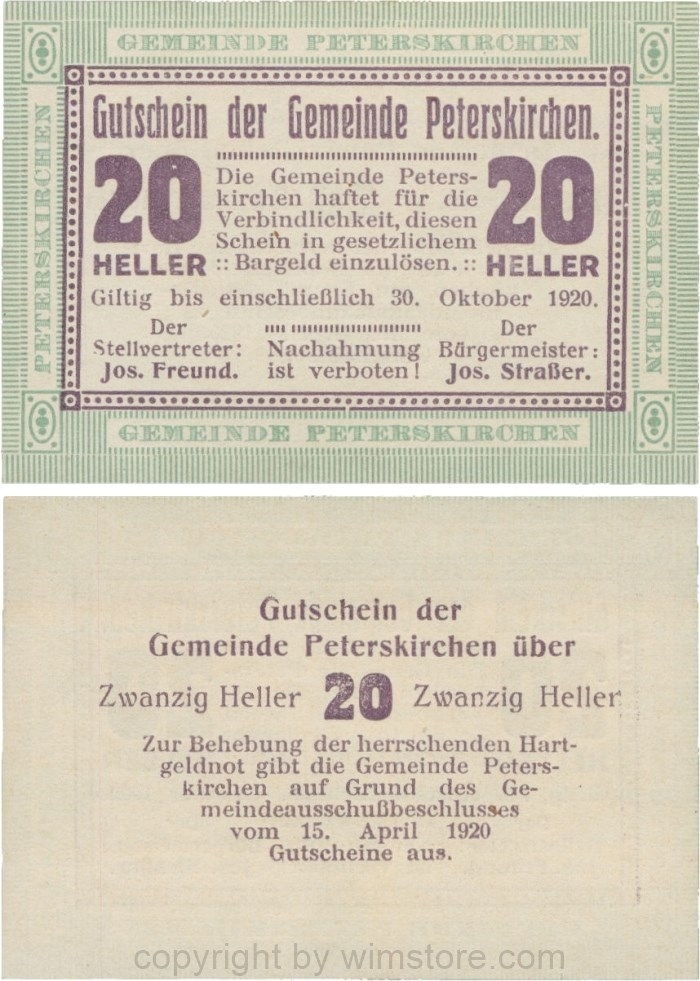 Peterskirchen, G0736b05, Gemeinde, 20 Heller, Papier weiß, nach Stellvertreter der Doppelpunkt weit, nach Bürgereister der Doppelpunkt eng, Scheine 05; 1