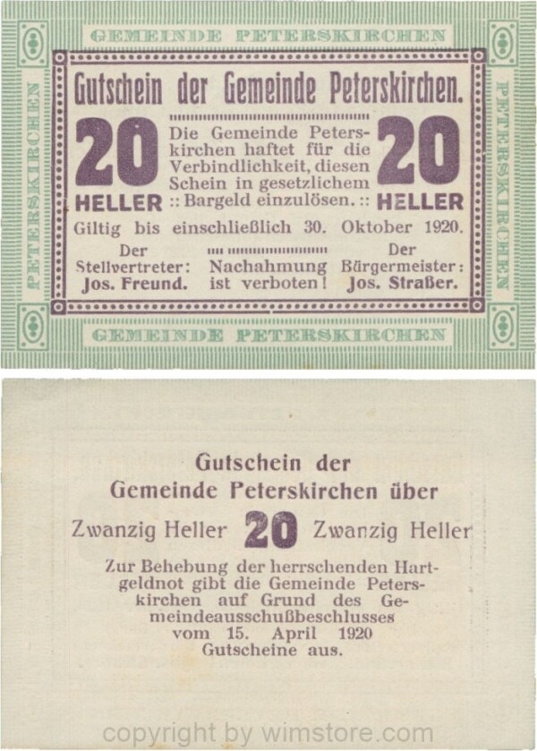Peterskirchen, G0736b05, Gemeinde, 20 Heller, Papier weiß, nach Stellvertreter der Doppelpunkt weit, nach Bürgereister der Doppelpunkt eng, Scheine 05; 1-