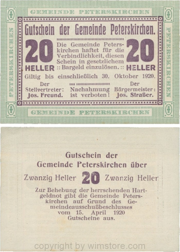 Peterskirchen, G0736b05, Gemeinde, 20 Heller, Papier weiß, nach Stellvertreter der Doppelpunkt weit, nach Bürgereister der Doppelpunkt eng, Scheine 05; 1-