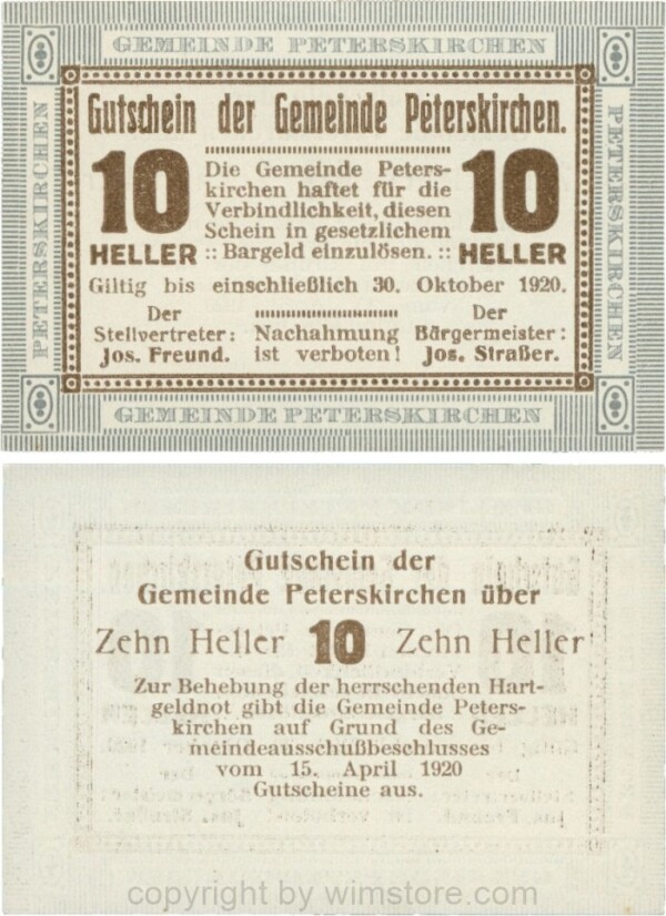 Peterskirchen, G0736b10, Gemeinde, 10 Heller, Papier weiß, nach Stellvertreter der Doppelpunkt eng, nach Bürgermeister der Doppelpunkt weit, Scheine 10; 1