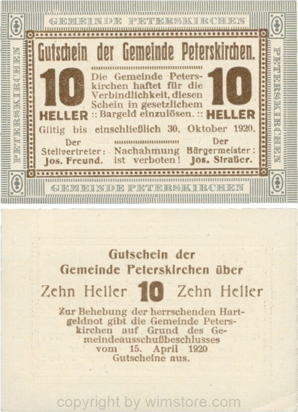 Peterskirchen, G0736b10, Gemeinde, 10 Heller, Papier weiß, nach Stellvertreter der Doppelpunkt eng, nach Bürgermeister der Doppelpunkt weit, Scheine 10; 1-