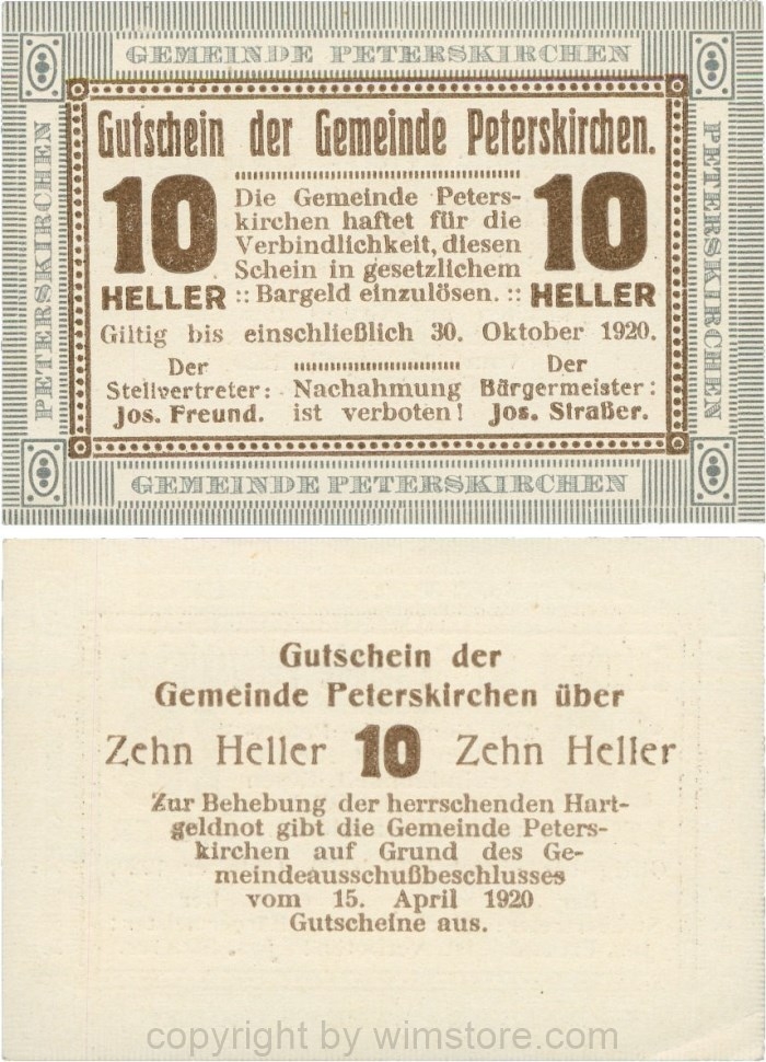 Peterskirchen, G0736b10, Gemeinde, 10 Heller, Papier weiß, nach Stellvertreter der Doppelpunkt eng, nach Bürgermeister der Doppelpunkt weit, Scheine 10; 1-