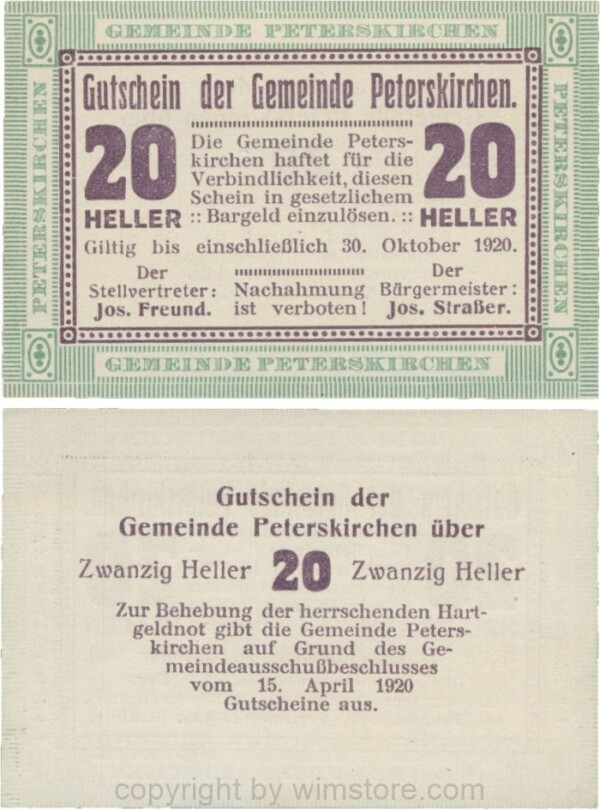 Peterskirchen, G0736b11, Gemeinde, 20 Heller, Papier weiß, nach Stellvertreter der Doppelpunkt eng, nach Bürgermeister der Doppelpunkt weit, Scheine 11; 1