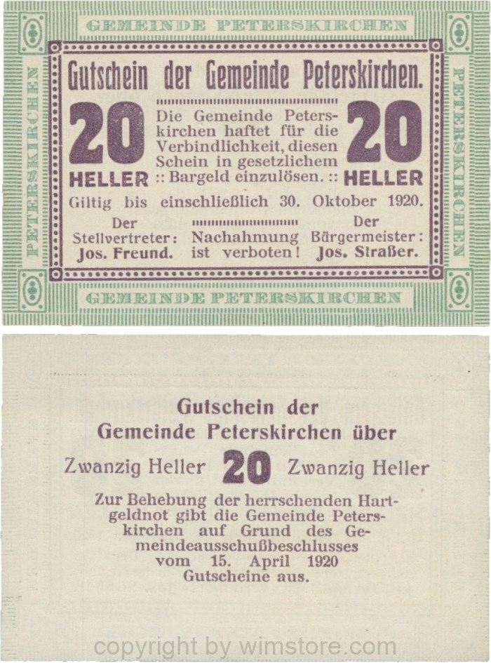 Peterskirchen, G0736b11, Gemeinde, 20 Heller, Papier weiß, nach Stellvertreter der Doppelpunkt eng, nach Bürgermeister der Doppelpunkt weit, Scheine 11; 1
