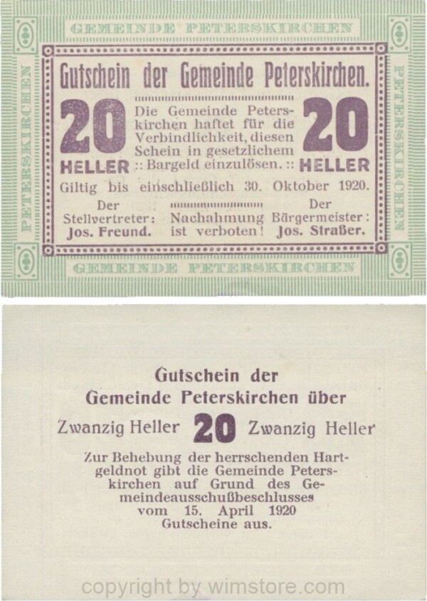 Peterskirchen, G0736b11, Gemeinde, 20 Heller, Papier weiß, nach Stellvertreter der Doppelpunkt eng, nach Bürgermeister der Doppelpunkt weit, Scheine 11; 1-